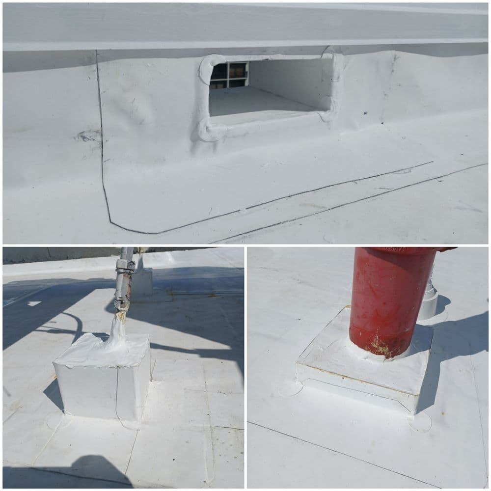 Roof repairs with sealant, showcasing vent area and pipe base on a white surface.