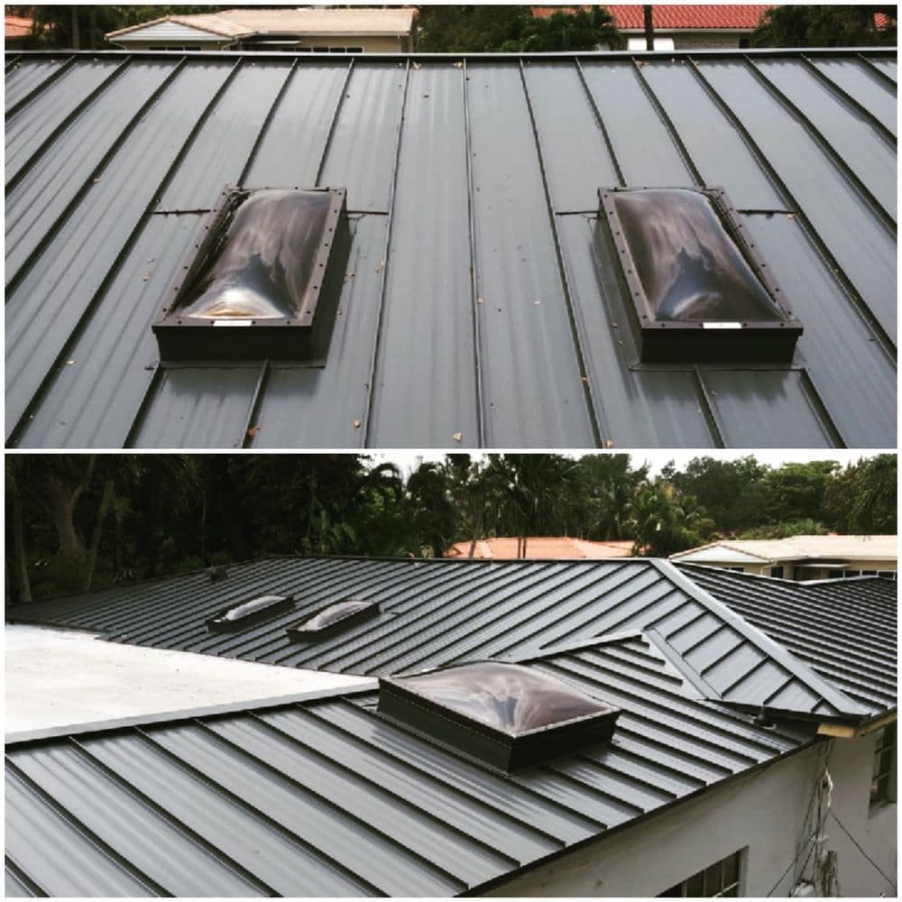 Metal roof installation with skylights, showcasing before and after transformation.