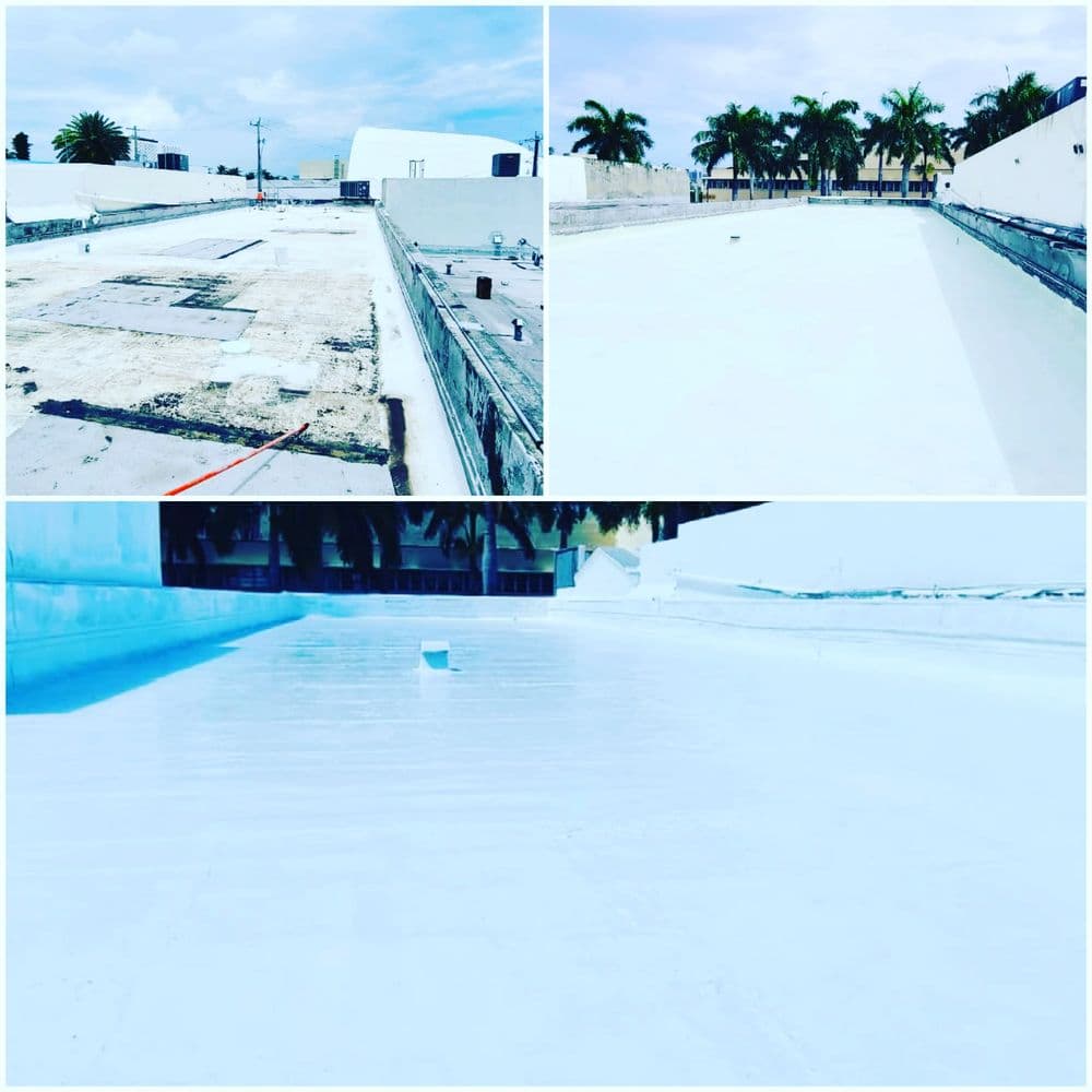 Renovated flat roof with fresh white coating, showcasing improved waterproofing and aesthetics.
