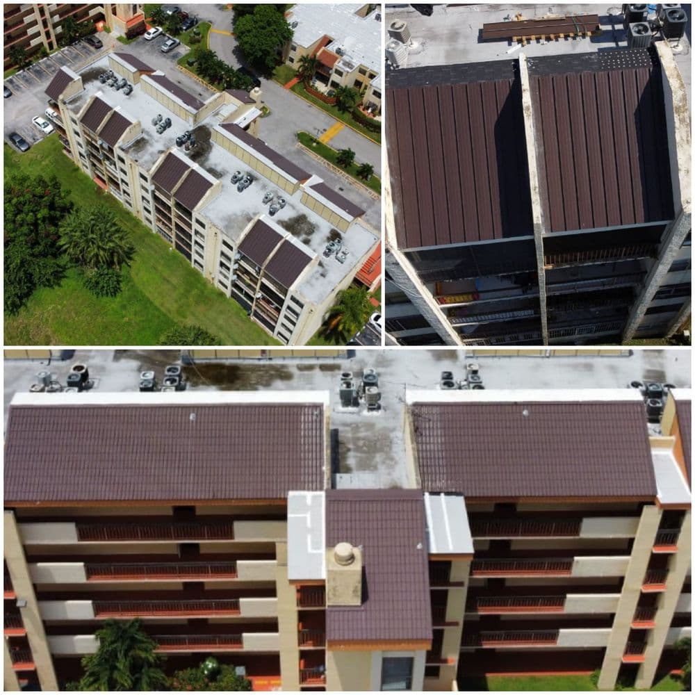 Aerial view of residential building rooftops with brown metal roofing and HVAC units.