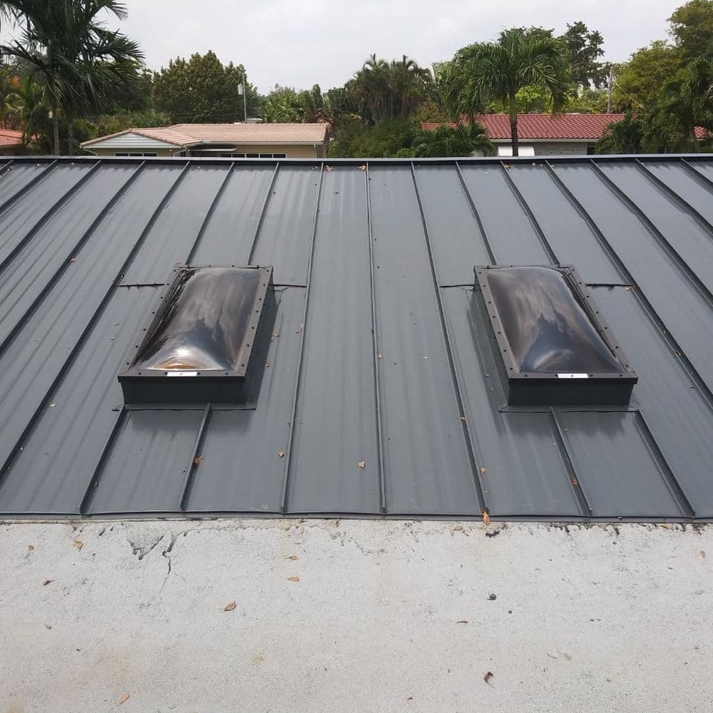 Two skylights on a dark metal roof with surrounding palm trees and residential area.