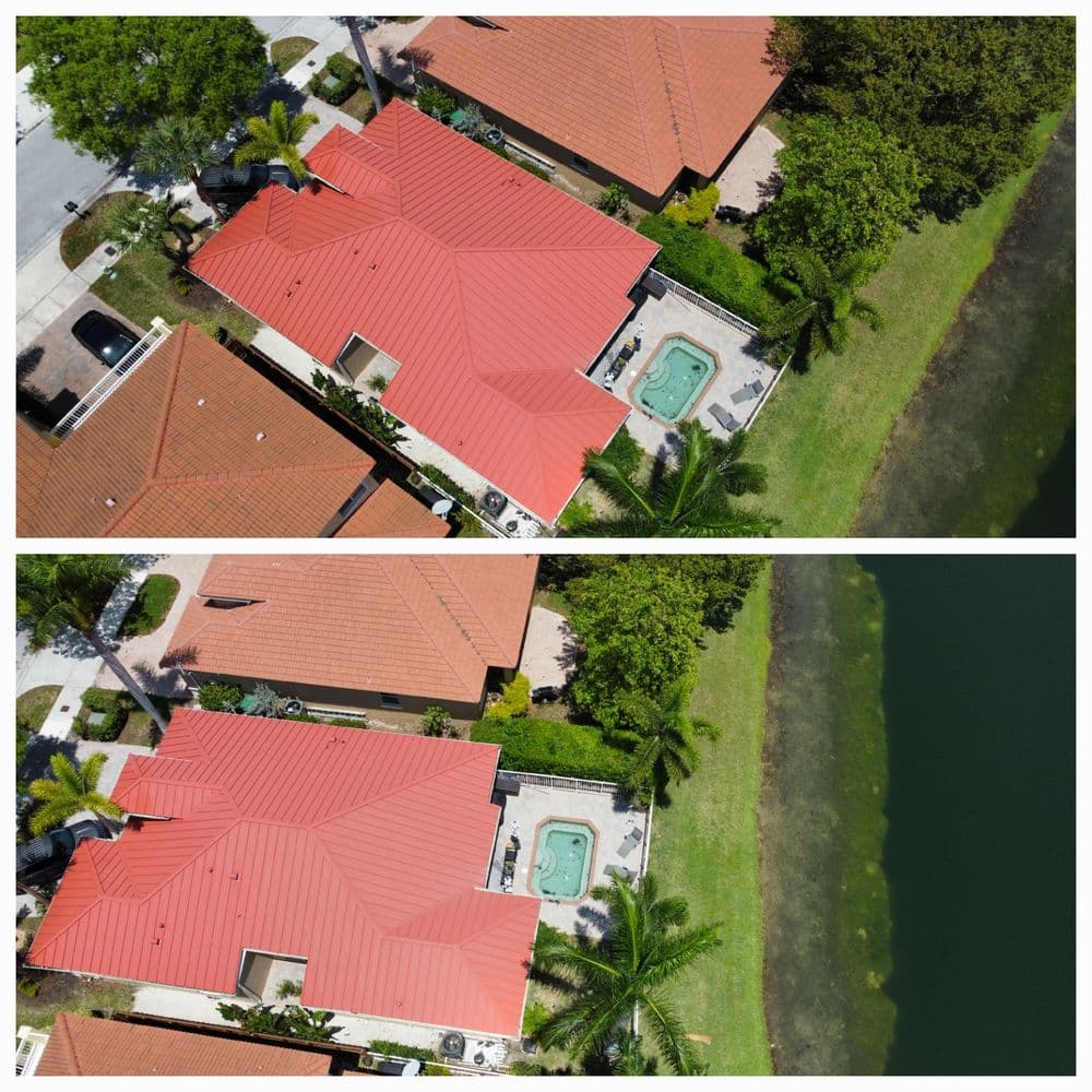 Aerial view of two houses with red roofs beside a lake, showcasing backyard pools and landscaping.