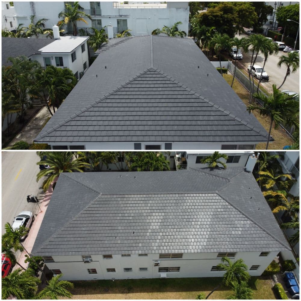 Comparison of two roofs showing a dark shingle design with surrounding palm trees.