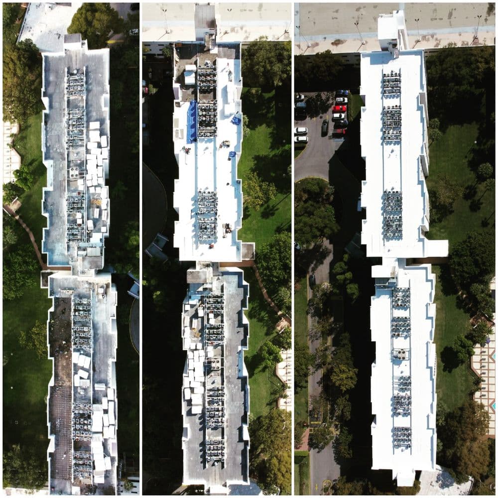 Aerial view of four buildings with rooftop installations and surrounding green spaces.
