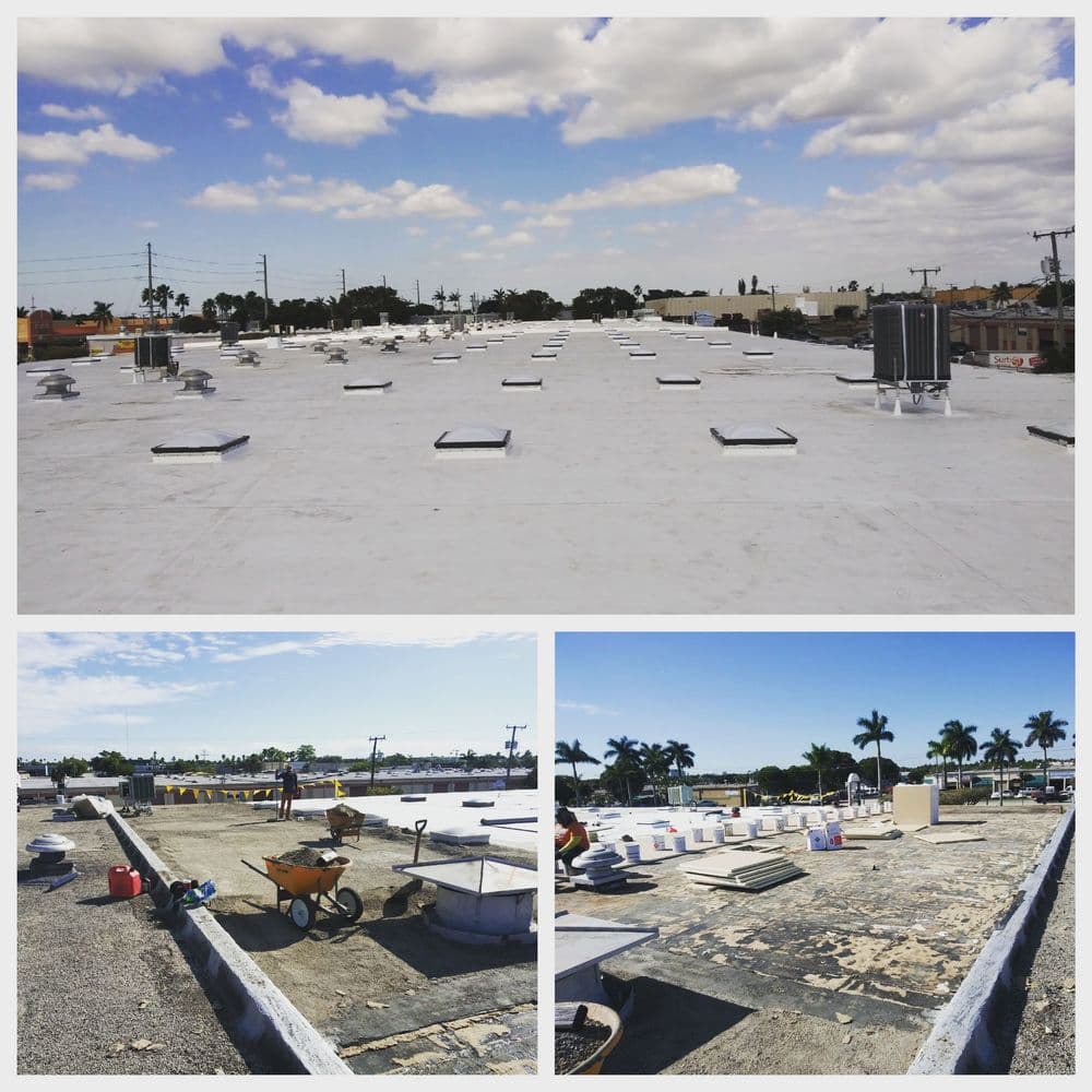 Rooftop renovation showing new white coating and equipment in urban setting under blue sky.