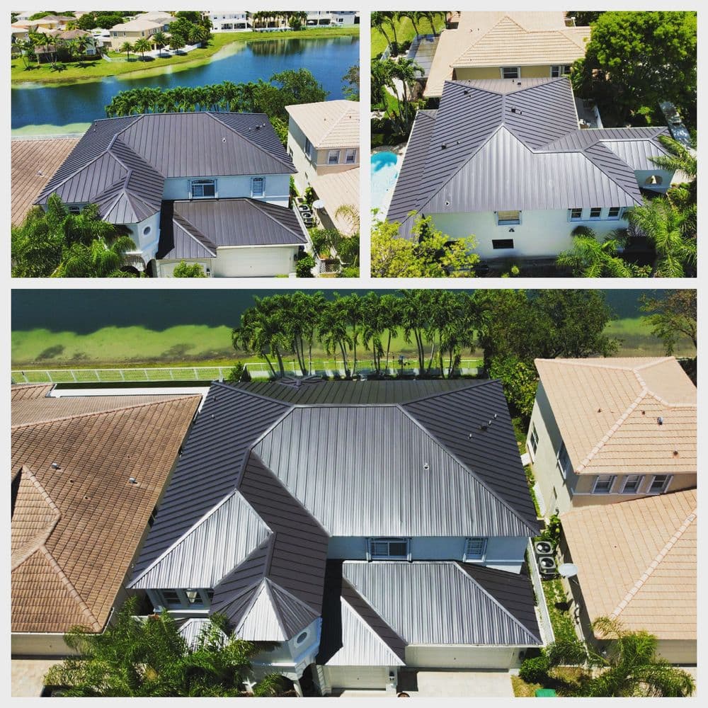 Aerial view of three residential rooftops showcasing modern metal roofing designs.