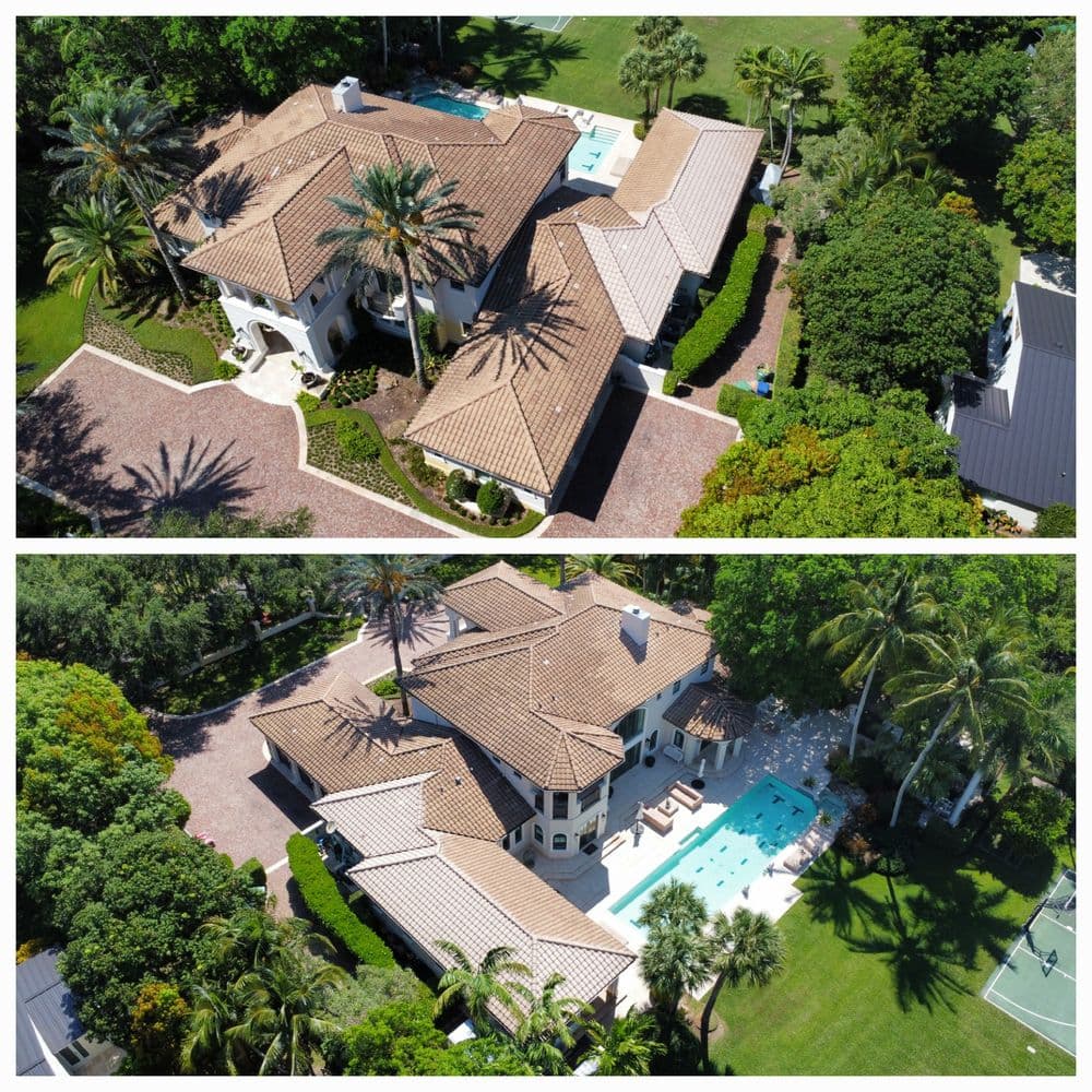 Aerial view of luxurious villa with pool, palm trees, and landscaped gardens.
